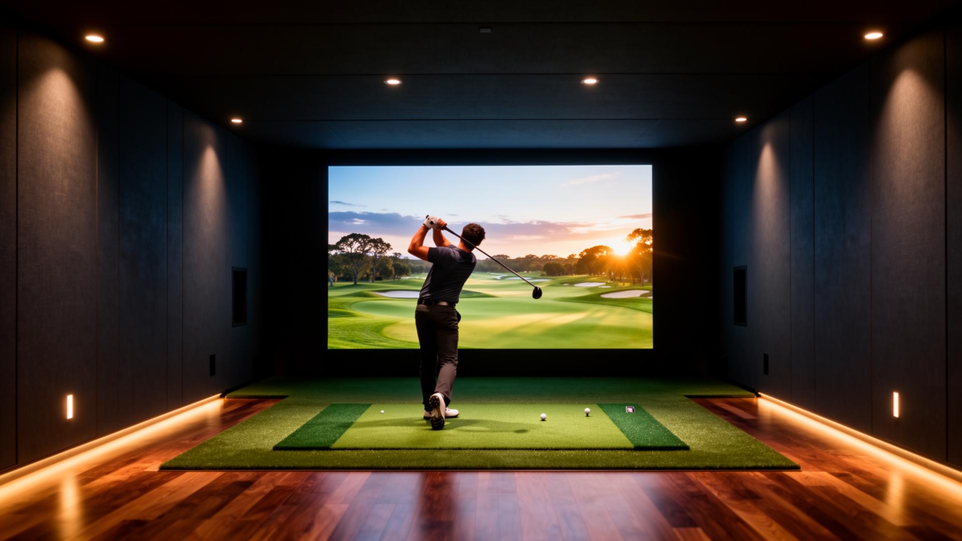 Luxury home golf simulator room at dusk with dramatic lighting